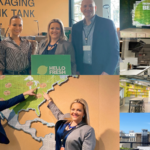 Four people smiling in a HelloFresh event area with a green HelloFresh sign in the foreground.