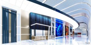 Futuristic shopping mall corridor with a curved translucent ceiling, bright white walls, and colorful digital displays.",