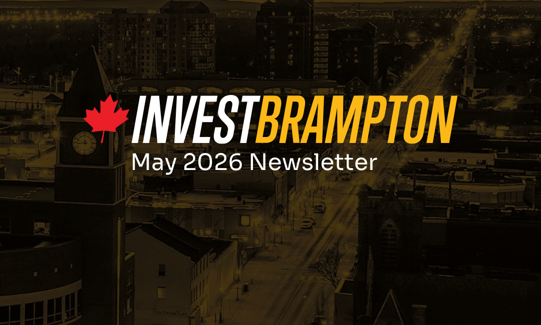 Brampton skyline at night with bold white/orange 'INVESTBRAMPTON' and 'May 2026 Newsletter' text and a red maple leaf.