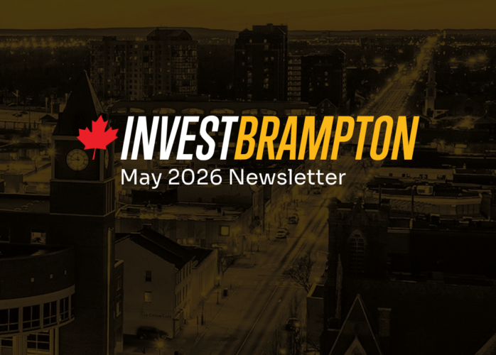 Brampton skyline at night with bold white/orange 'INVESTBRAMPTON' and 'May 2026 Newsletter' text and a red maple leaf.