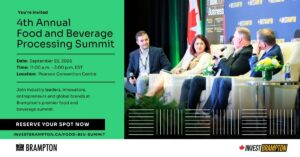 Poster promoting the 4th Annual Food and Beverage Processing Summit with event details on a green panel and a panel discussion on stage to the right.