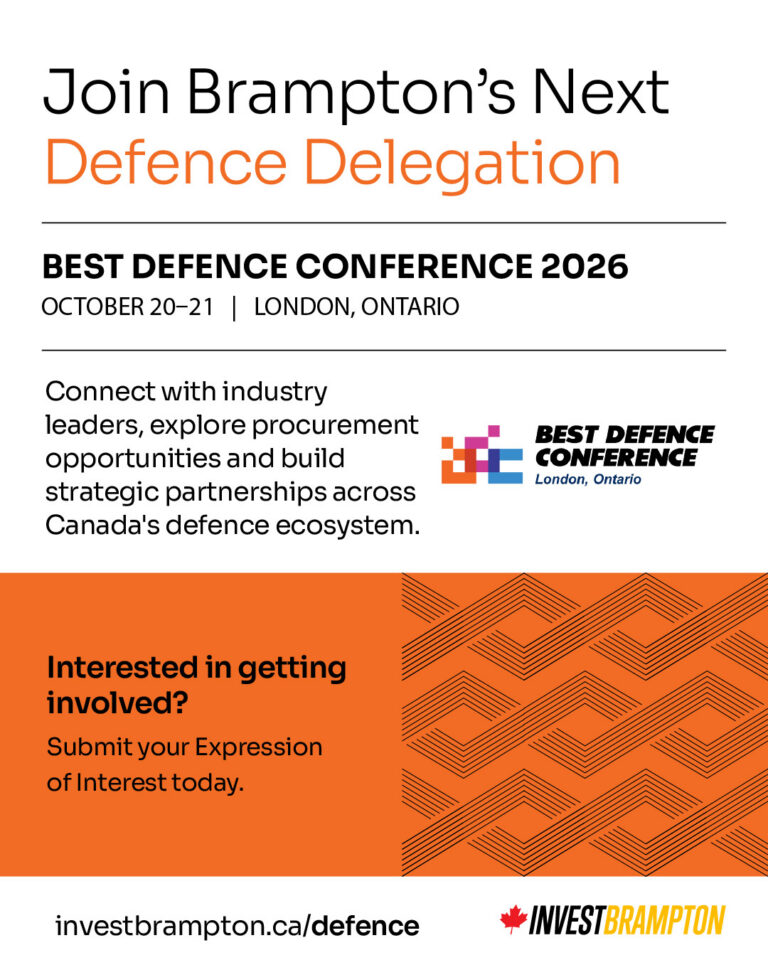 Poster promoting Brampton’s Defence Delegation for the Best Defence Conference 2026 in London, Ontario, with dates October 20–21 and a call to express interest; includes Invest Brampton logo and URL investbrampton.ca/defence.