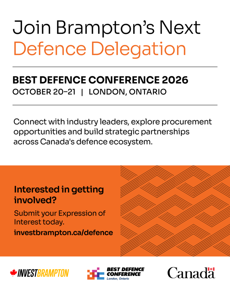Promo banner: 'Join Brampton’s Next Defence Delegation' and 'Best Defence Conference 2026' with date and location details.
