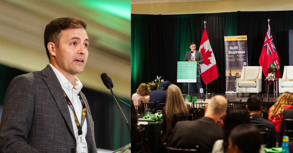 Brampton Food Summit 2026_Brad Bida - Invest Brampton | Brampton Economic Development Split image: left shows a man in a blazer speaking at a podium; right shows a presenter on stage with flags and banners at a business conference.