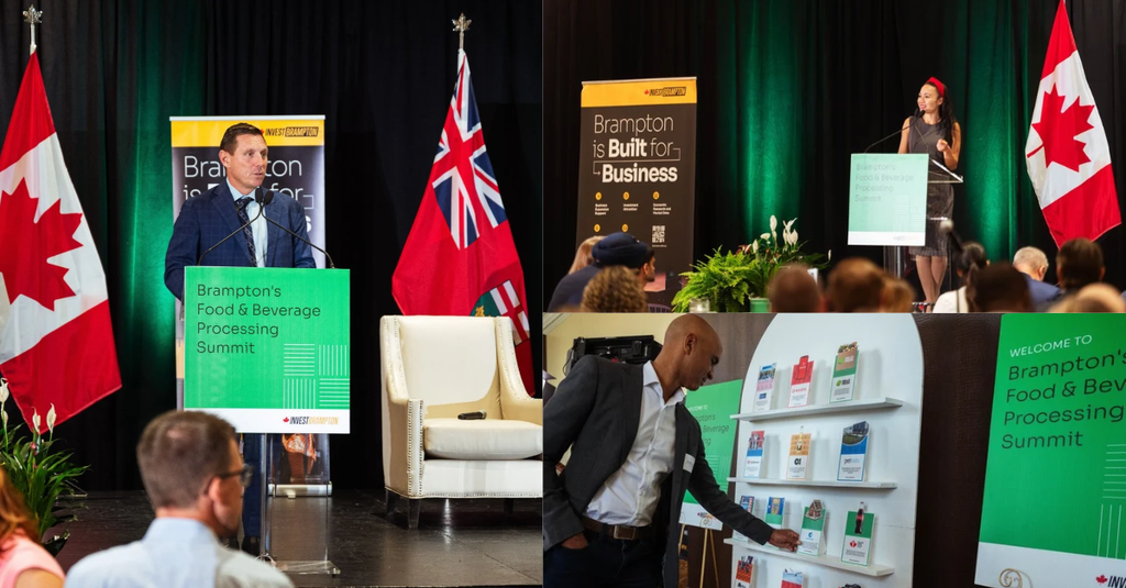 Brampton Food Summit 2026_Patrick Brown and Rowena Santos - Invest Brampton | Brampton Economic Development Collage from Brampton's Food & Beverage Processing Summit: a man speaks at a green podium beside a Canadian flag, a woman speaks at another podium with a Canadian flag nearby, and a man browses product brochures at a display shelf with summit banners.