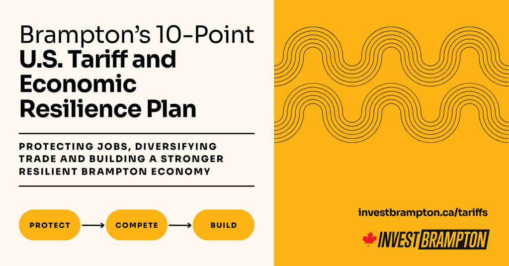 Left panel announces Brampton's 10-Point U.S. Tariff and Economic Resilience Plan with three steps: Protect, Compete, Build; right panel orange with wavy lines and 'investbrampton.ca/tariffs' plus Invest Brampton logo.
