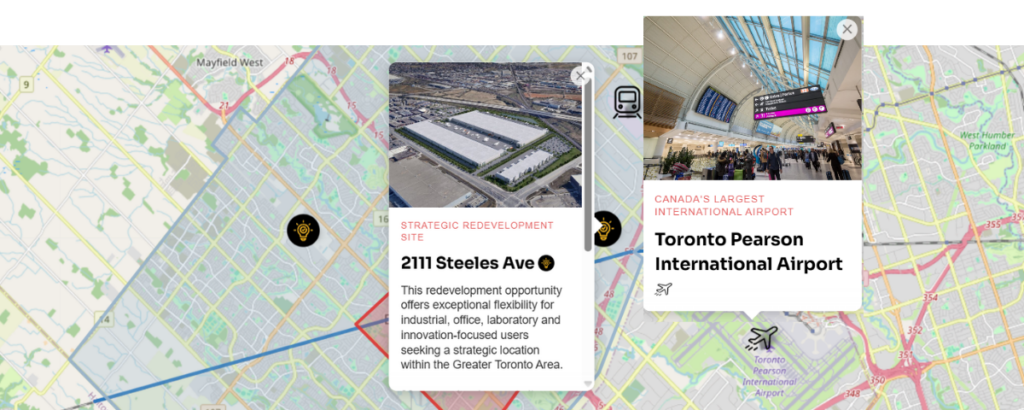 Interactive map with colored routes and two floating info cards: redevelopment site at 2111 Steeles Ave with aerial photo and description, and Toronto Pearson International Airport card with interior photo and brief details.
