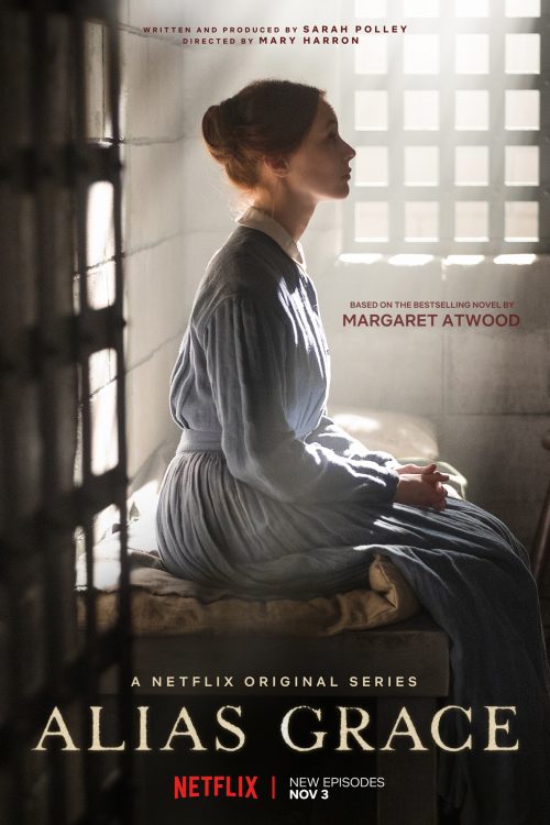 Profile of a woman in a prison cell, backlit by barred windows; poster for Netflix's Alias Grace.
